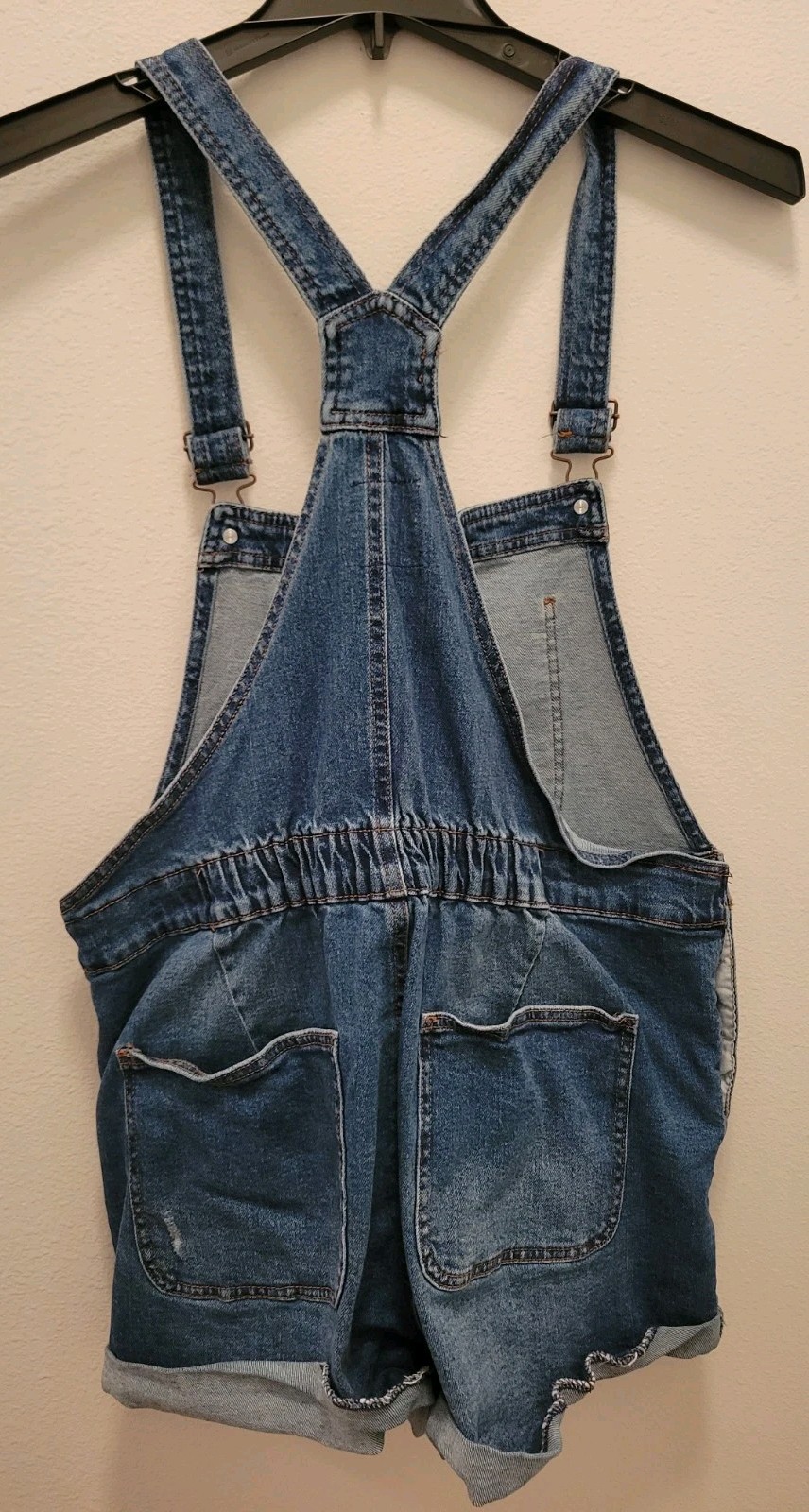 No Boundaries Juniors Sz 15/17 Bib Overall Shorts Blue Denim Pockets Raw Hem