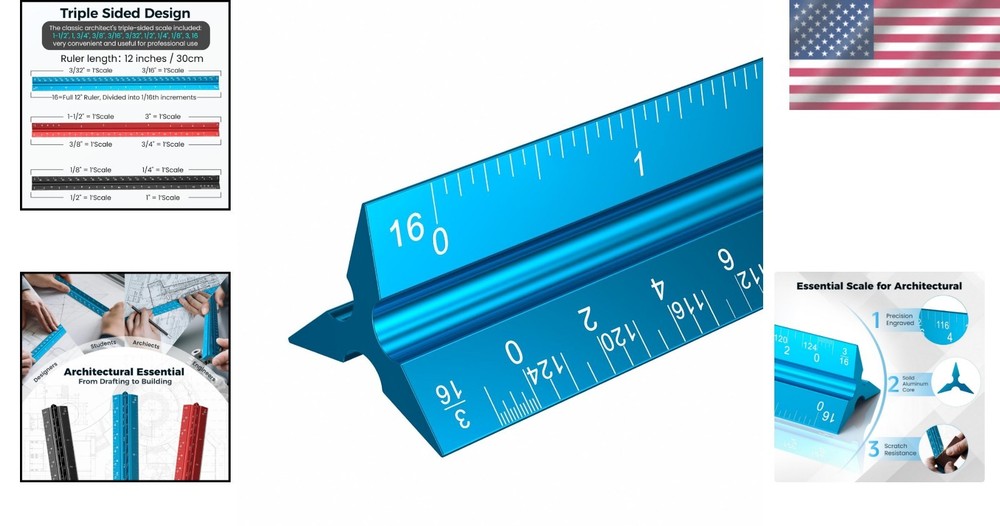 High-Impact 12" Blue Triangular Scale Ruler - Perfect for Engineering Drafting