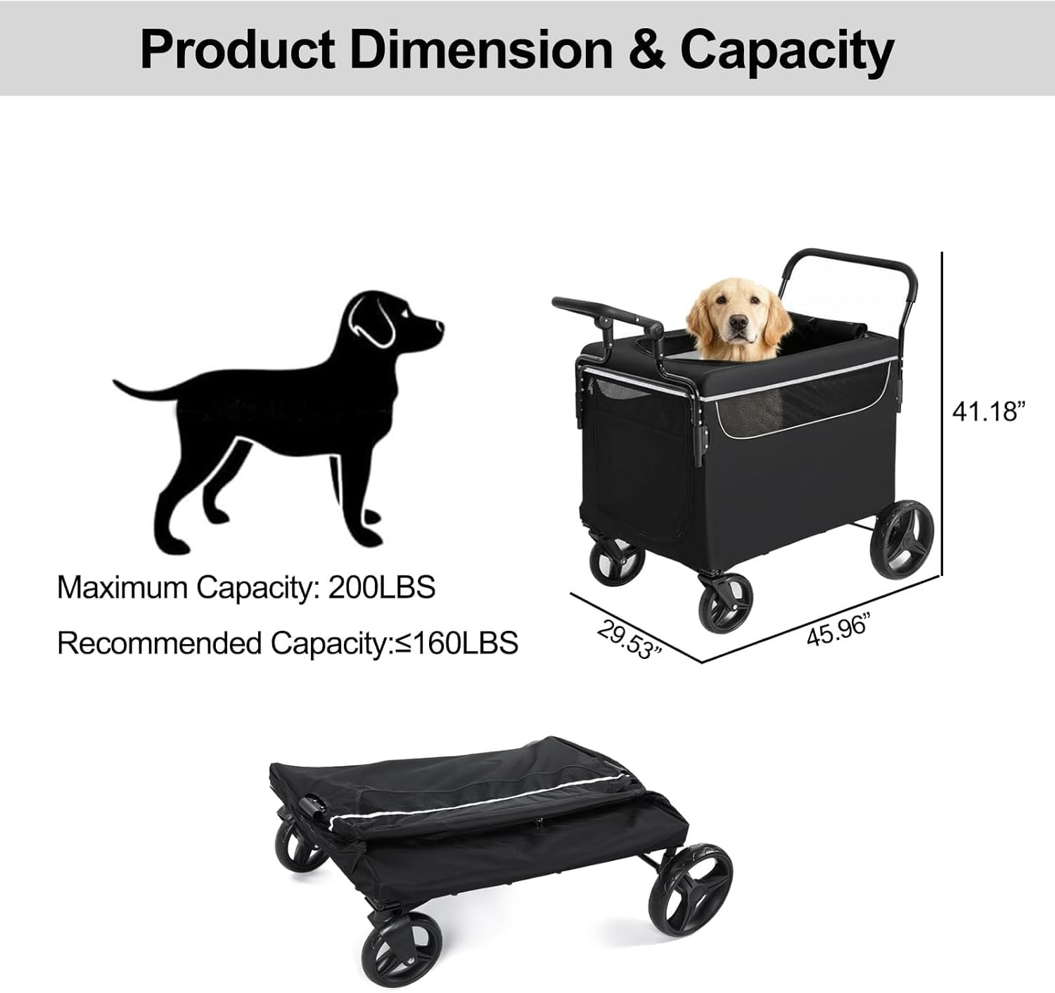 Dog Stroller Wagon Push-Pull Pet Wagon Cart with Ramp Foldable One-Step Brake