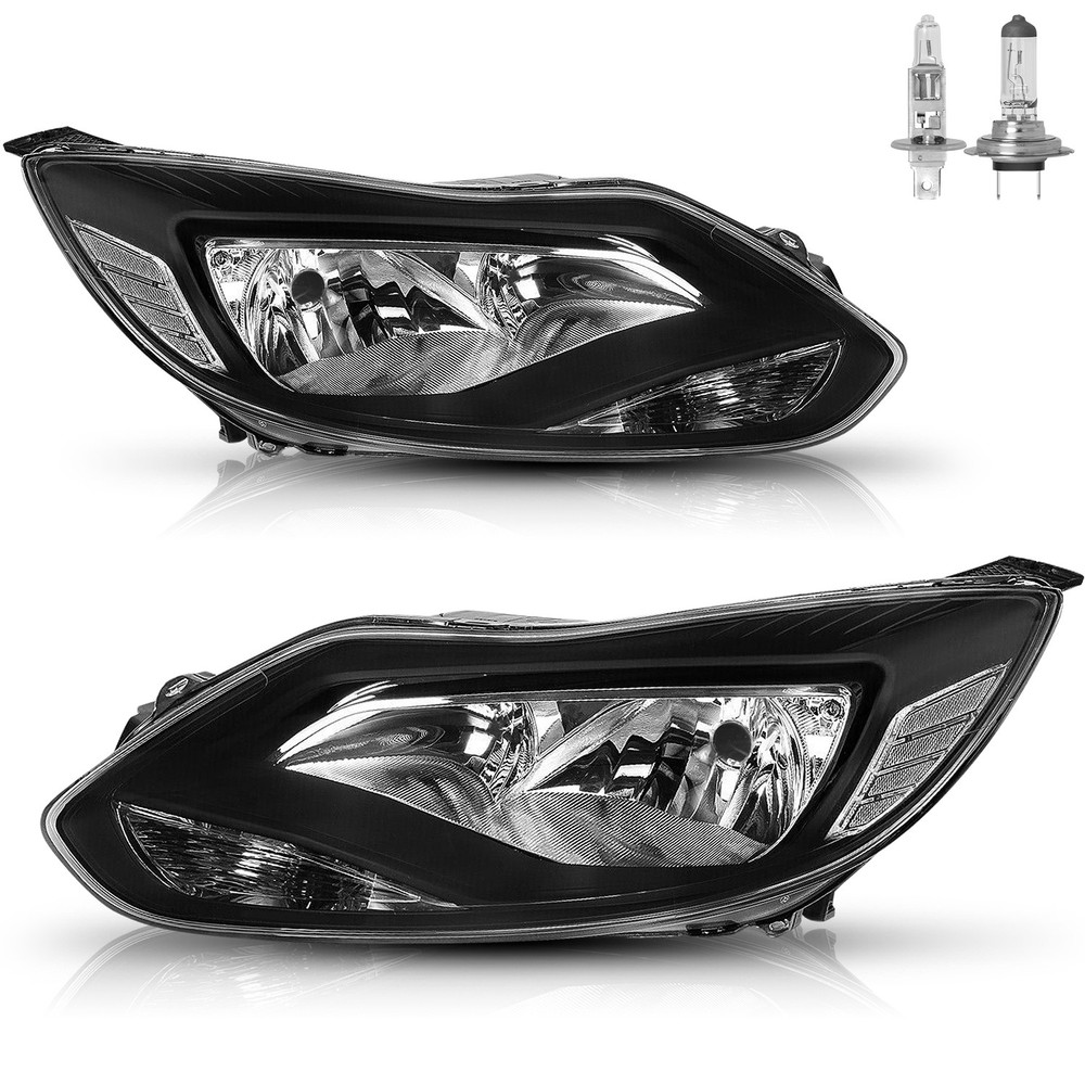 Halogen Headlights For 2012-2014 Ford Focus with Bulbs Black Left +Right Pair