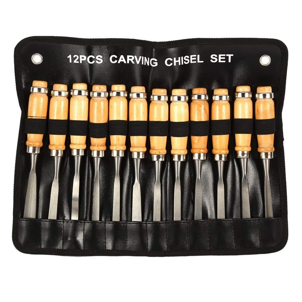 12-Piece Professional Wood Carving Tools Set Hardened Steel Chisels Gouges wi...