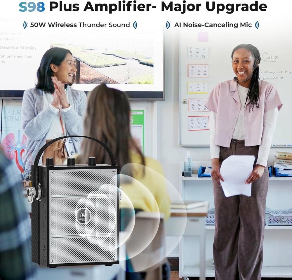 Wireless Bluetooth Amplifier, Portable, w/ 2 Headset Microphones for Instructors