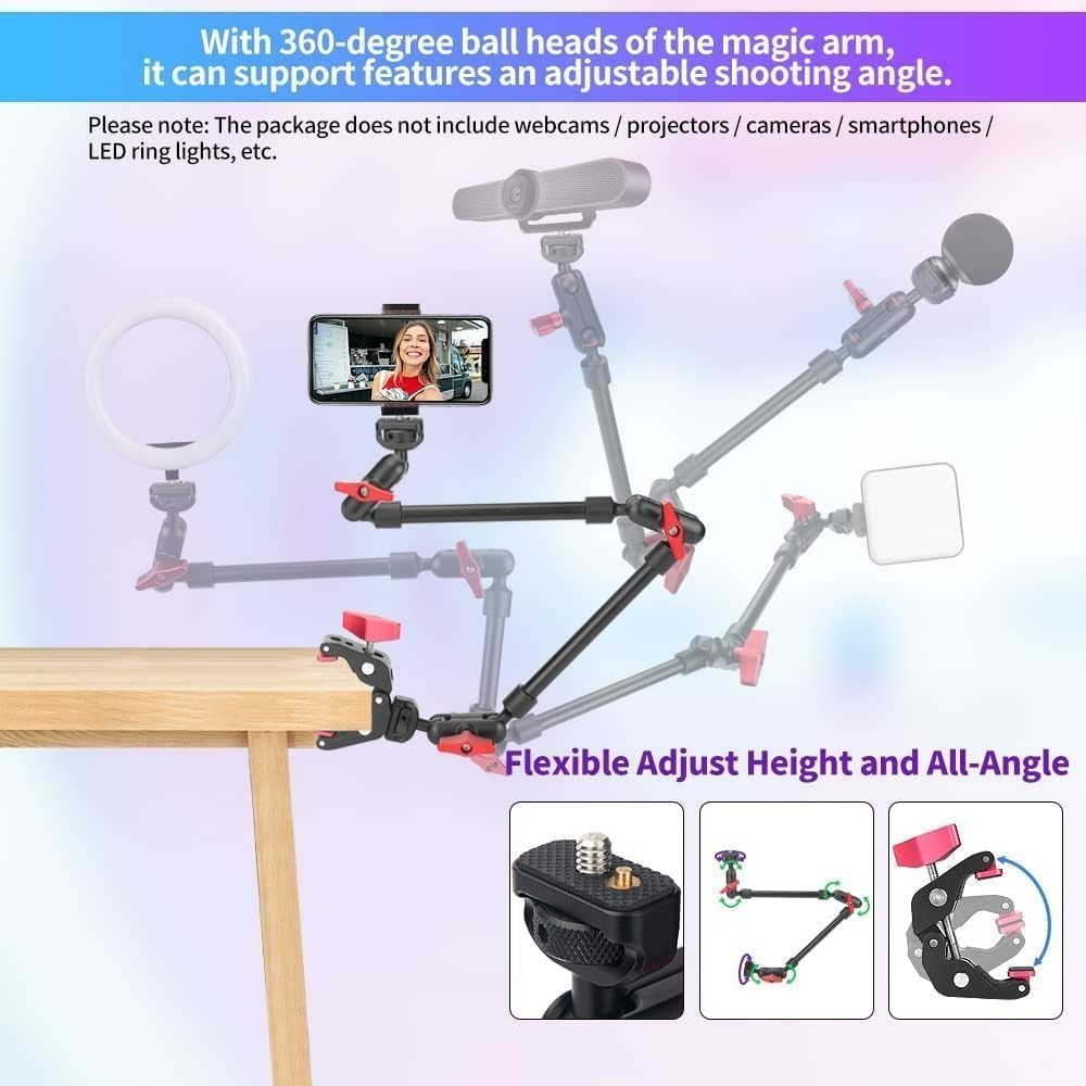 Lightweight 22" Camera Mounting Arm with 360-Degree Adjustable Clamp & Holders