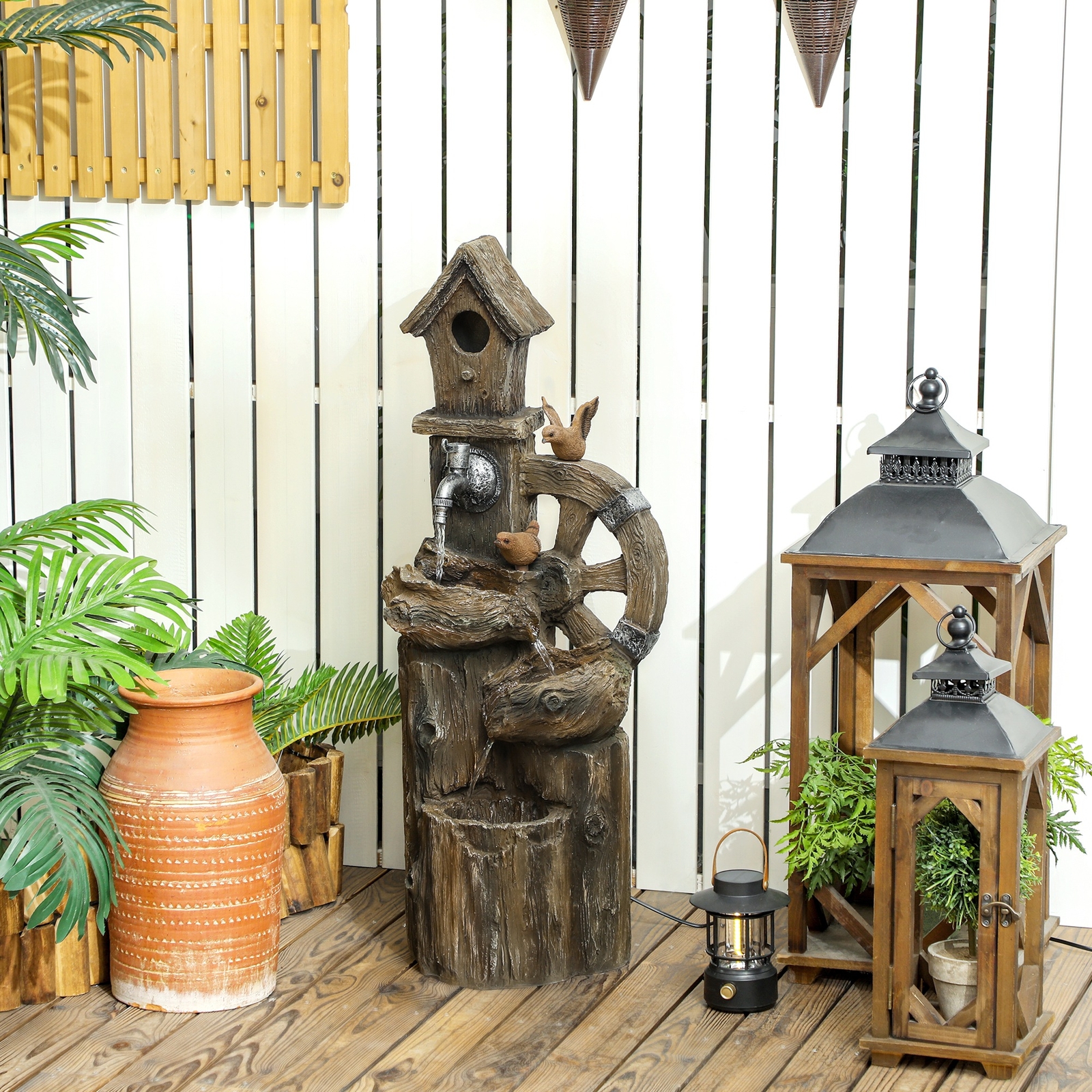 2-in-1 Outdoor Water Fountain Birdhouse Tree Trunk Water Feature