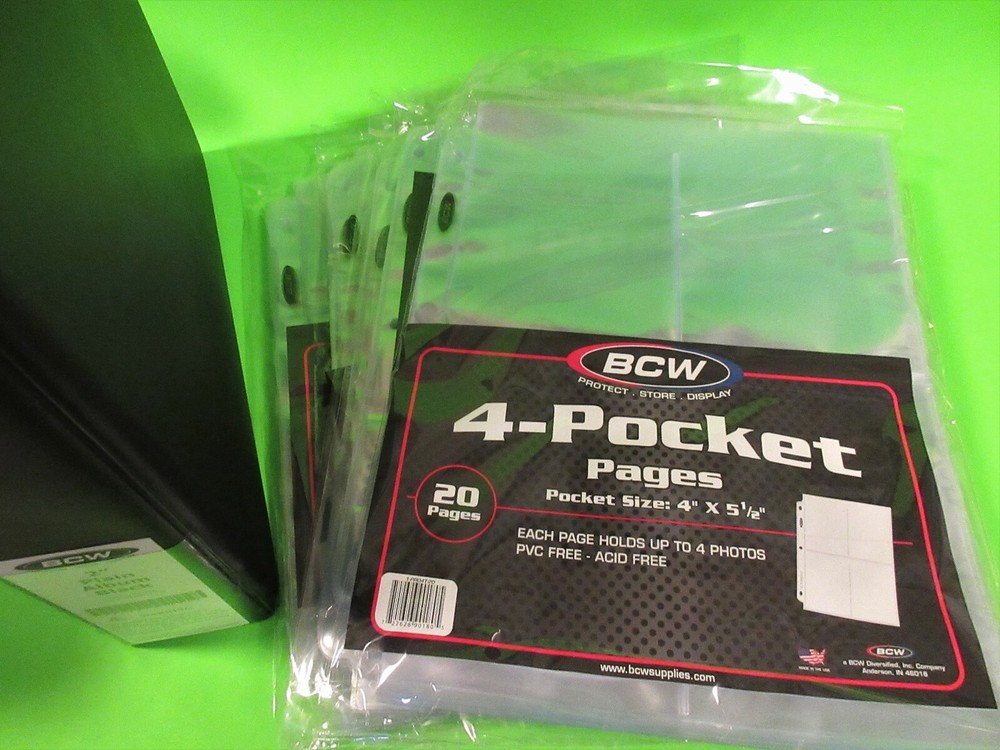 100 4-POCKET POSTCARD, PHOTO, OR SMALL COVER PAGES W/ FREE ALBUM, ARCHIVAL SAFE