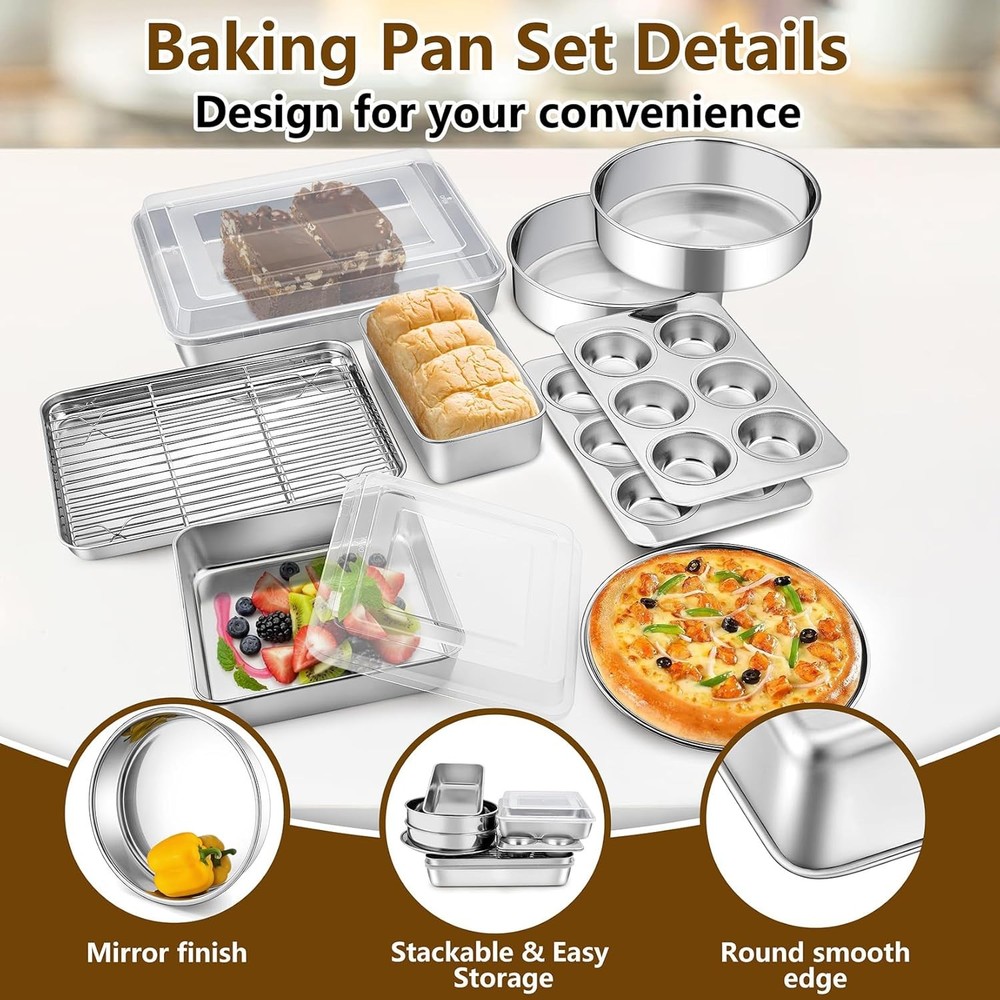 Stainless Steel Bakeware Set 12-Piece Kitchen Baking Pans Set Baking Sheet W/