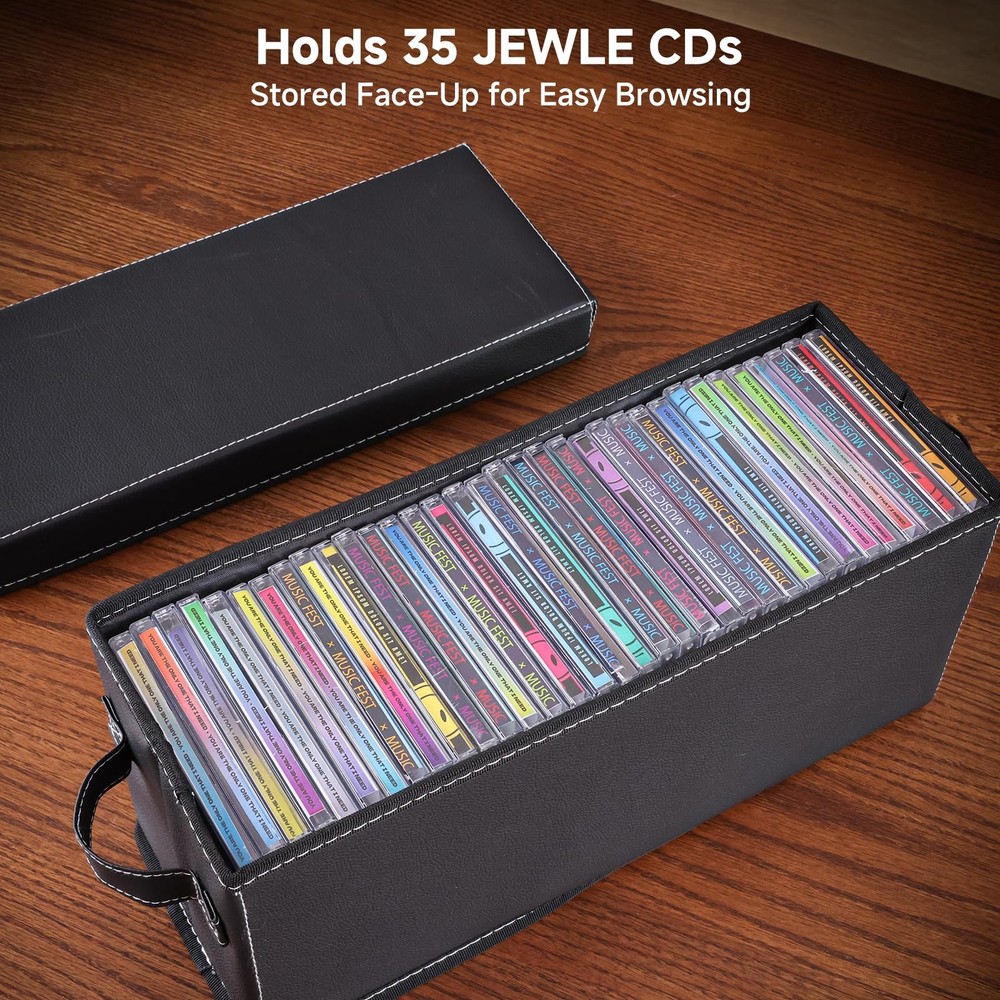 2 PCS Black Faux Leather CD Storage Case Box Lid Handle Organizer Stackable