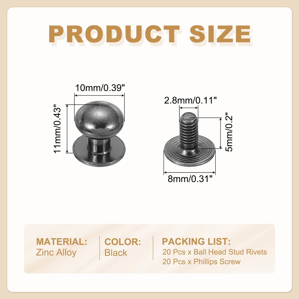 20Set 10mm Leather Rivets Ball Head Stud Screw Back Round Head Button Black