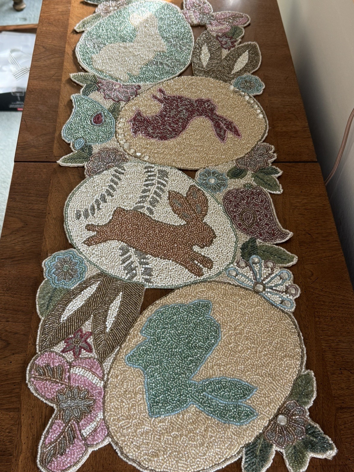 90s Pier 1 Imports Easter Egg & Bunny Rabbit Glass Beaded Table Runner 13” X 35”