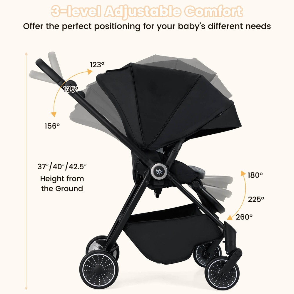 Baby Stroller Foldable Infant Pram Stroller w/ Reclining Backrest Handle