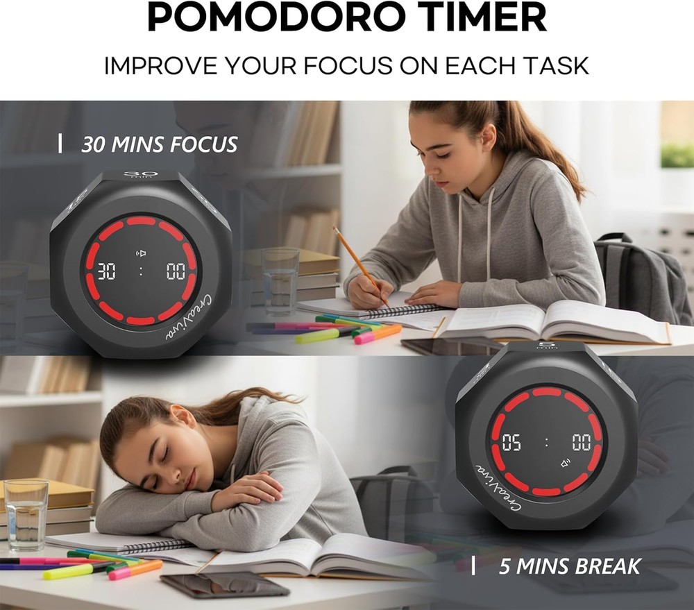 Flip Cube Pomodoro Timer - Rechargeable Visual Countdown & Count up Stopwatch, 7