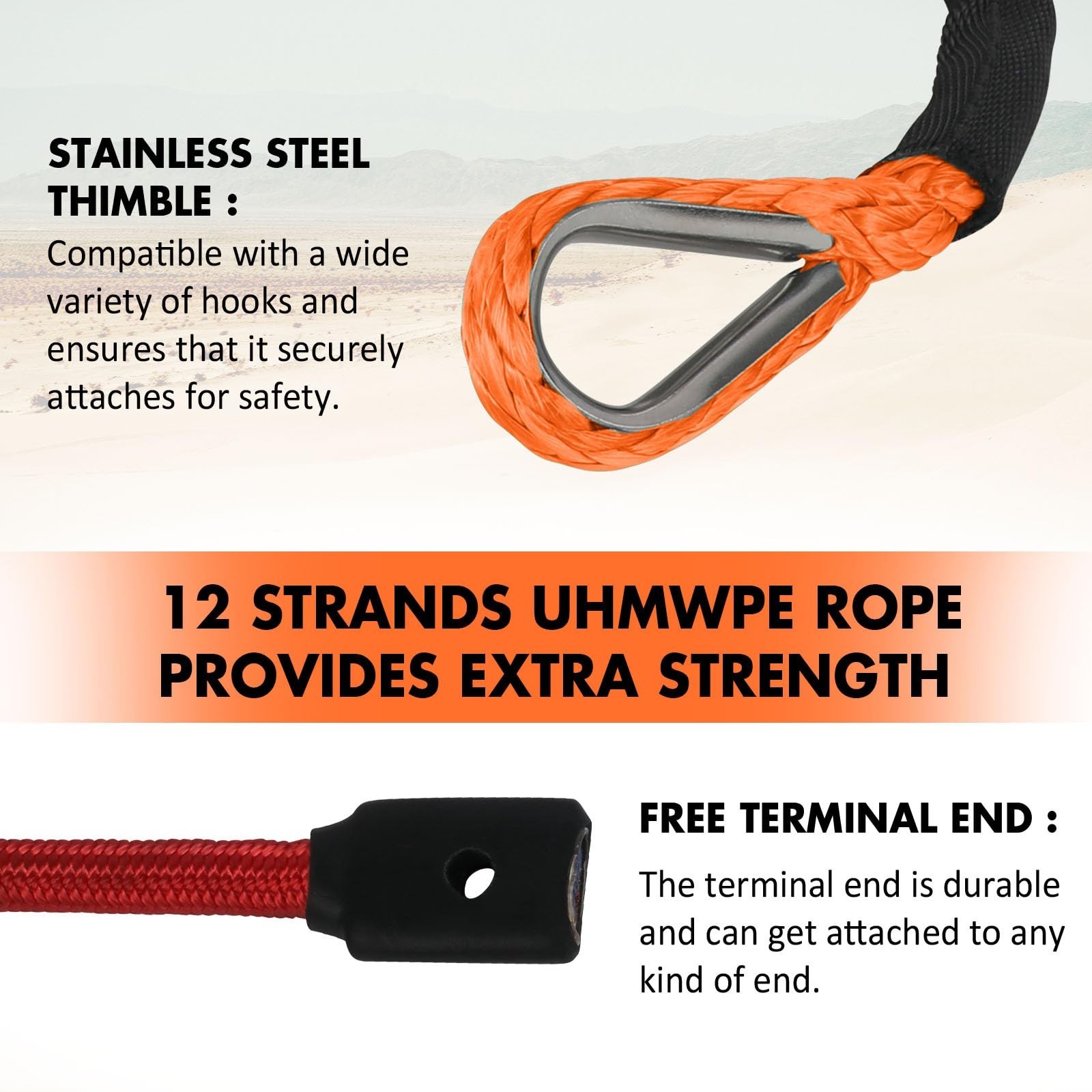 3/8" x 60ft Synthetic Winch Rope 19,854lbs Dyneema Winch Cable Line with Hook...