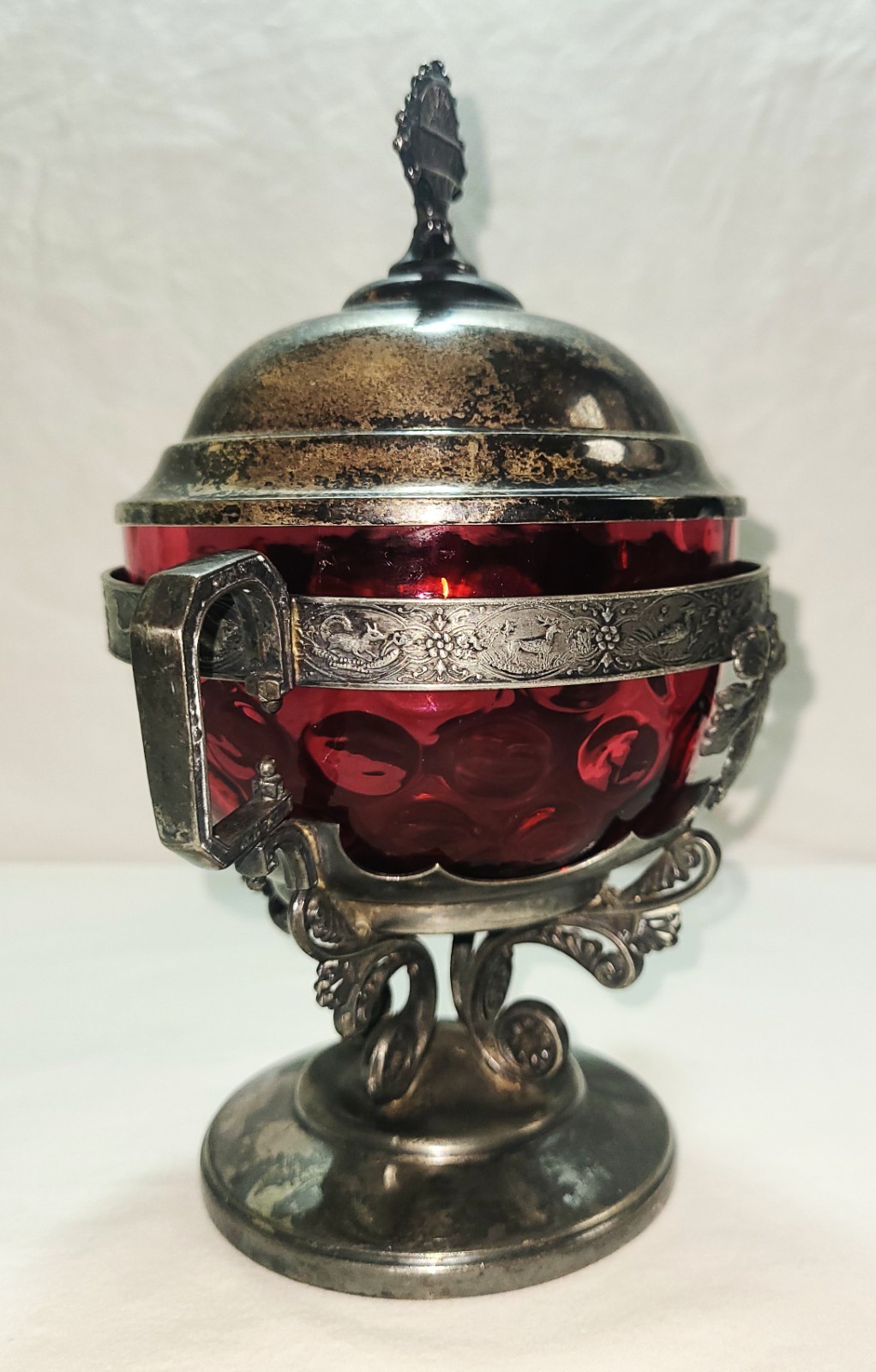 Antique Webster Silverplate Cranberry Thumbprint Glass Candy Dish Lid Victorian