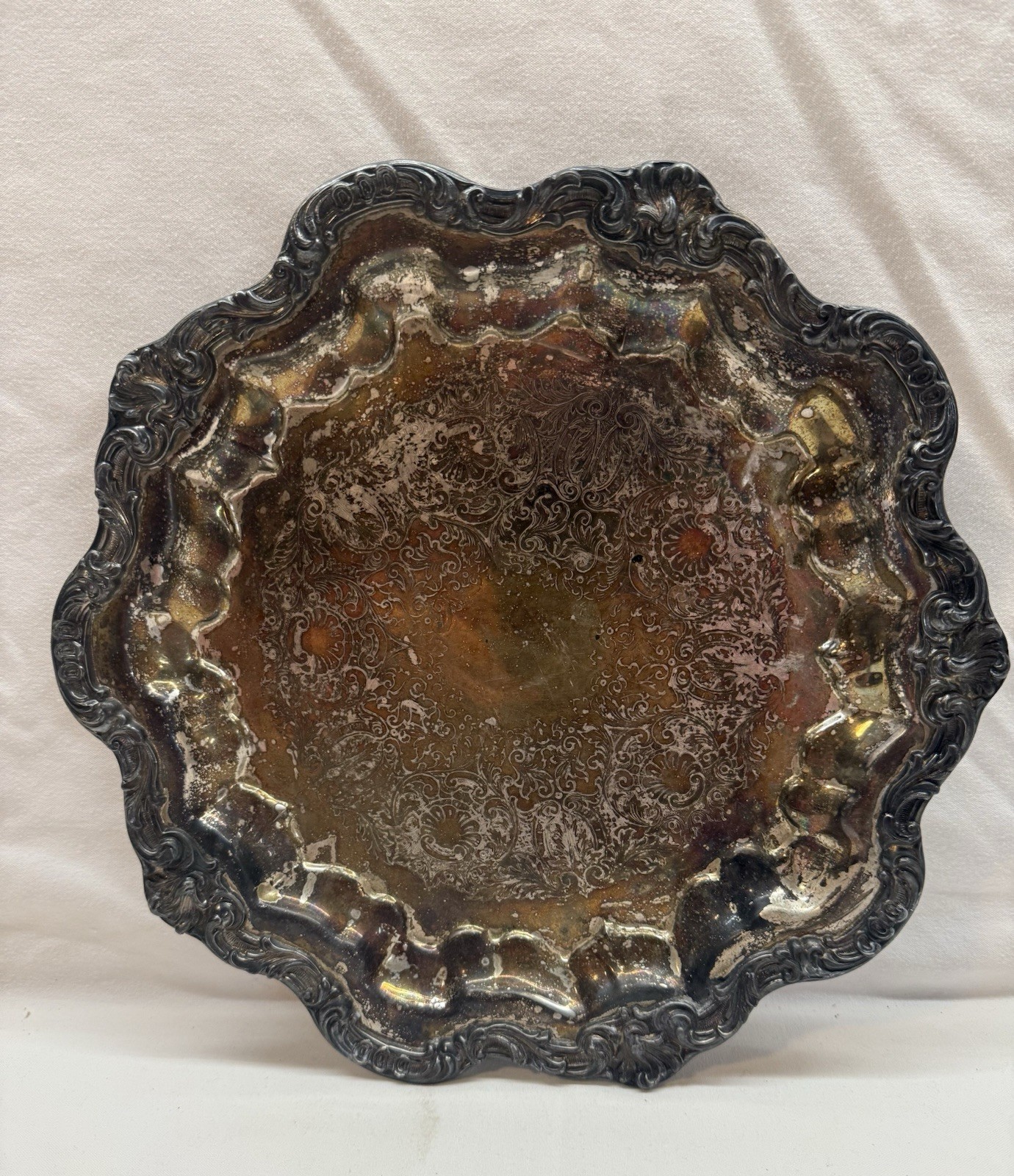 Vintage Coronet Silver on Copper Round Ornate Footed Serving Tray