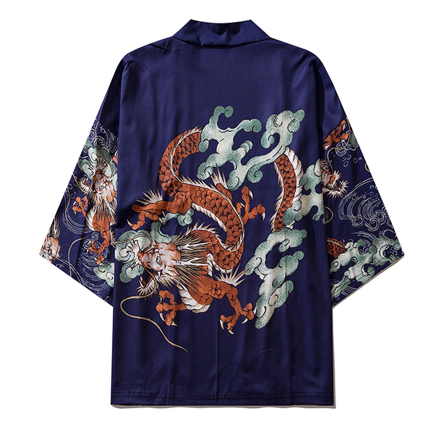 Niepce Unisex Flying Dragon Japanese Kimono Graphic Short Sleeves Cardigan Shirt