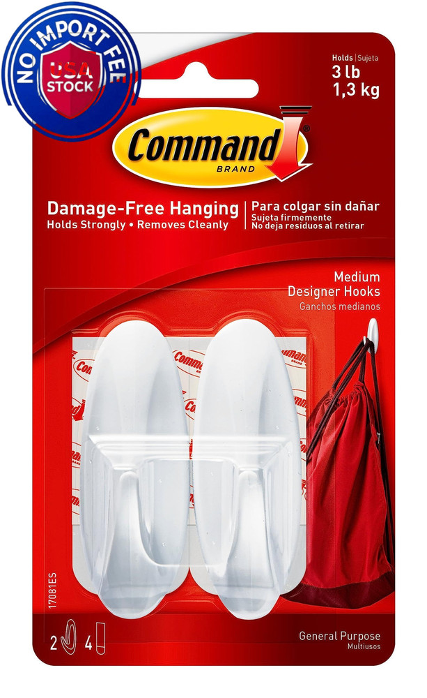Command Medium Designer Hooks, 2 Hooks and 4 Strips, Medium, White
