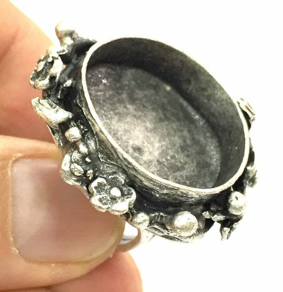 Flower Round Blank Ring Settings Bezel Cabochon Mountings Adjustable Silver