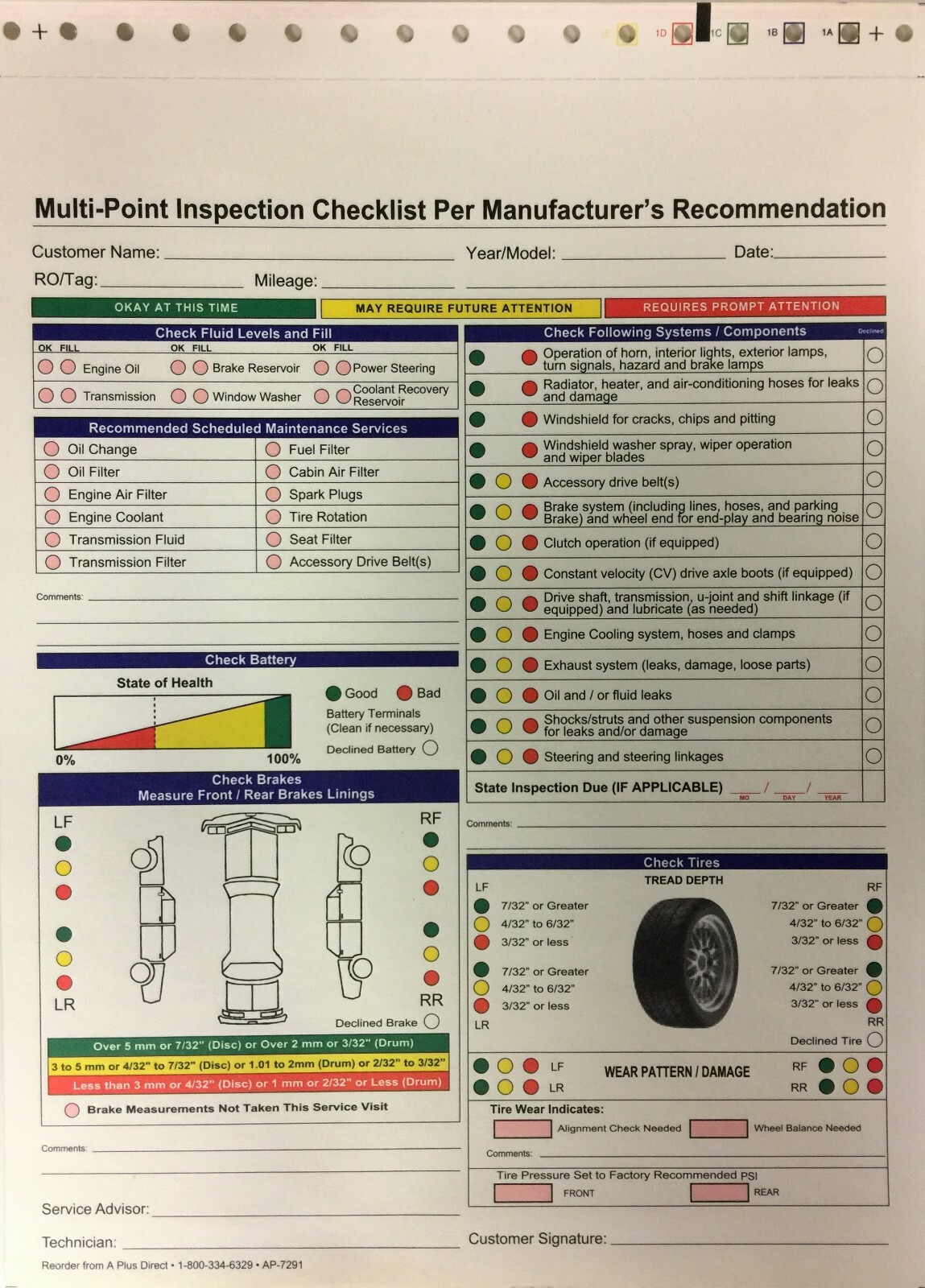 Multi-Point Inspection Forms 7291, 1,000 Qty. (W15)