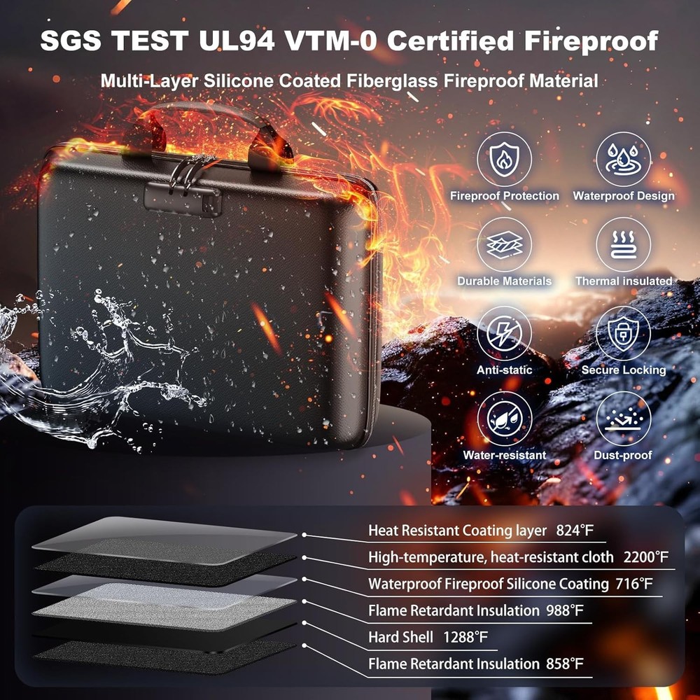 Fireproof Document Box with Lock 13 Pockets Waterproof Hard Case File Organizer