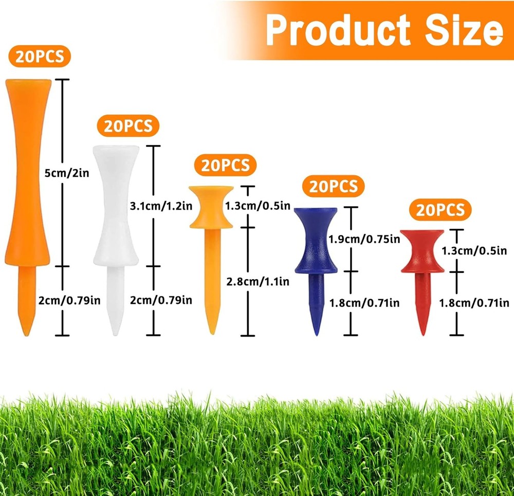 100 Pcs Plastic Castle Golf Tees Step Down Mixed Sizes 31 37 41 51 70mm Assorted
