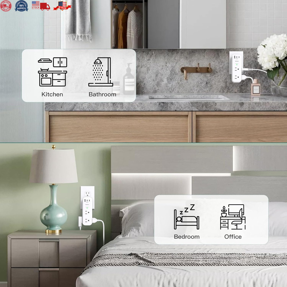 Multiple Plug Outlet Extender, 6 Wall Outlets and 3 USB Ports (2 USB C), Multi O