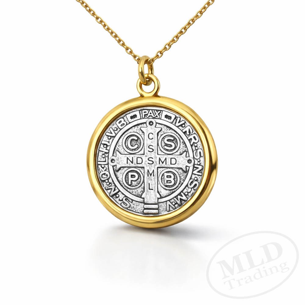 Saint St Benedict Medal Pendant Necklace – Gold Tone Border – 18”+2” Link Chain