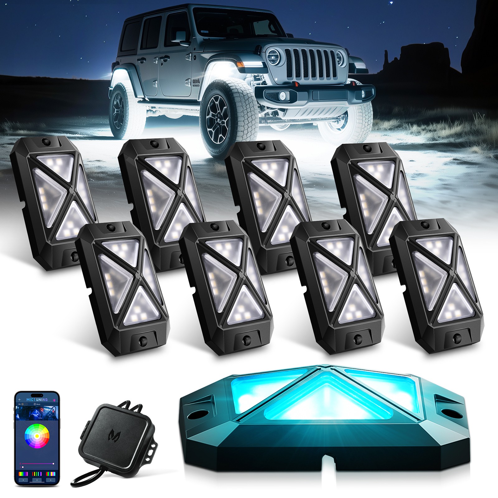 MICTUNING 48W C4 8 Pods RGBW LED Rock Lights, Underglow Neon Accent Lighting Kit