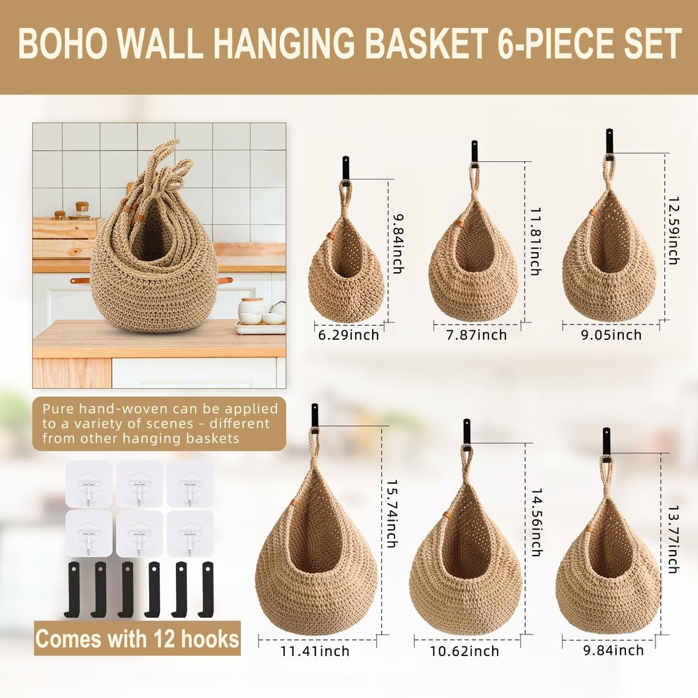 Hanging Fruit Baskets for Kitchen - 6 Pack Boho Wall Hanging Basket,Handwoven...
