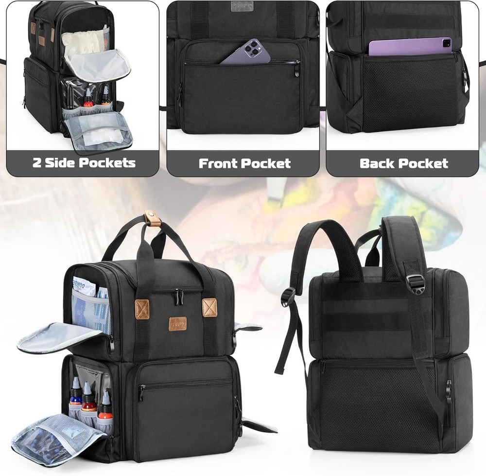BAFASO Tattoo Backpack with 3 Inner Removable Pouches, Case Black