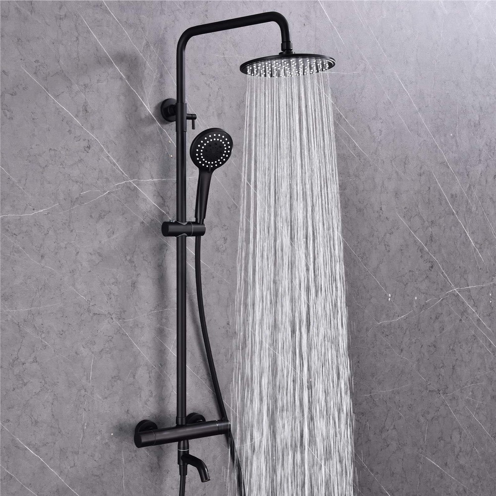 3-Function Thermostatic Shower Faucet Set 8" Round Head Shower Height Adjustable