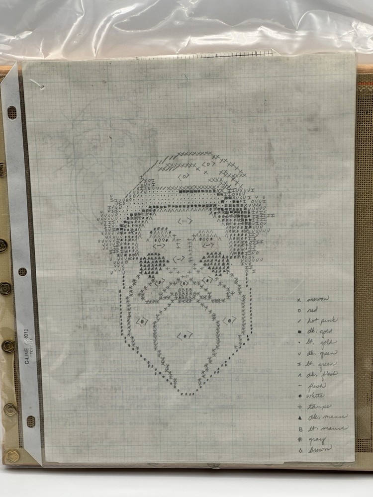 Mounted Santa Needlepoint Project Incomplete With Color Legend