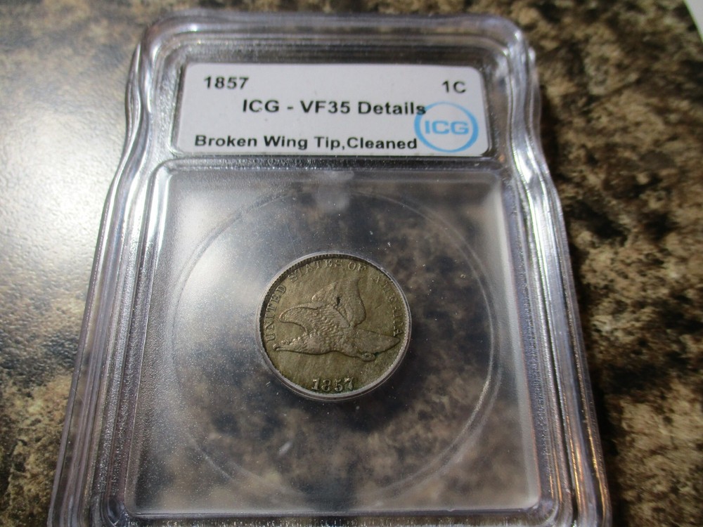 1857 FLYING EAGLE CENT BROKEN WING TIP, CLEANED ICG VF35 DETAILS   601