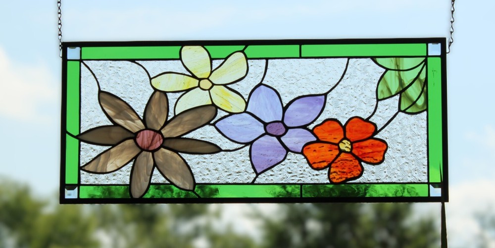Flower Stained Glass Panel Window Hanging panel 24 1/2"x10 1/2"
