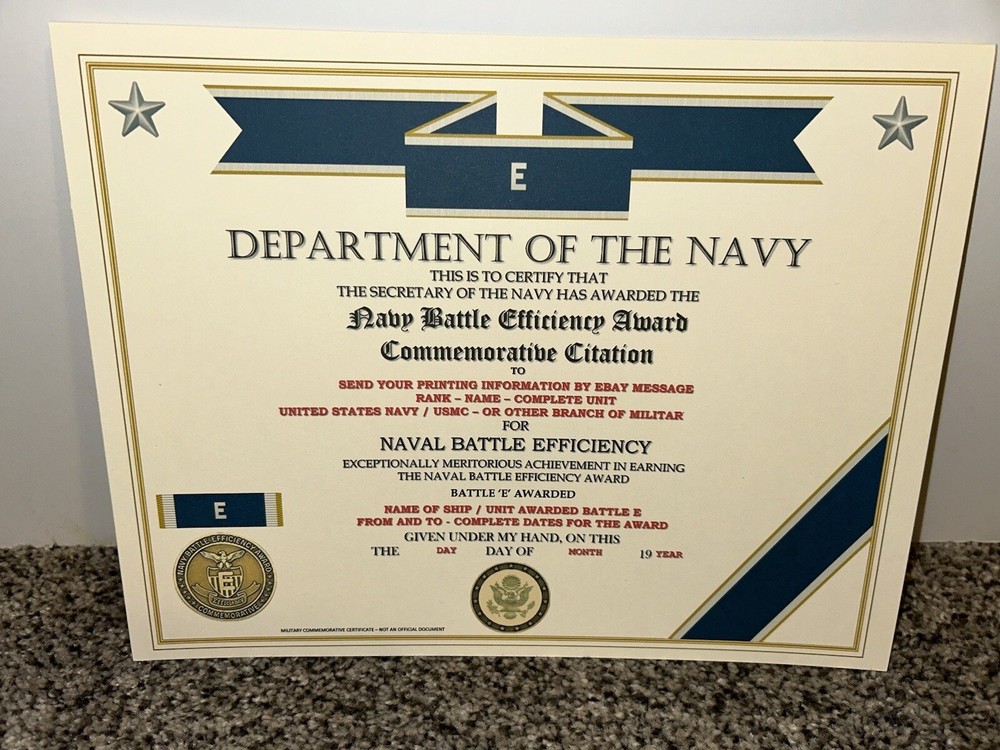 NAVY BATTLE EFFICIENCY AWARD COMMEMORATIVE CERTIFICATE ~ TYPE-2 / W/PRINTING