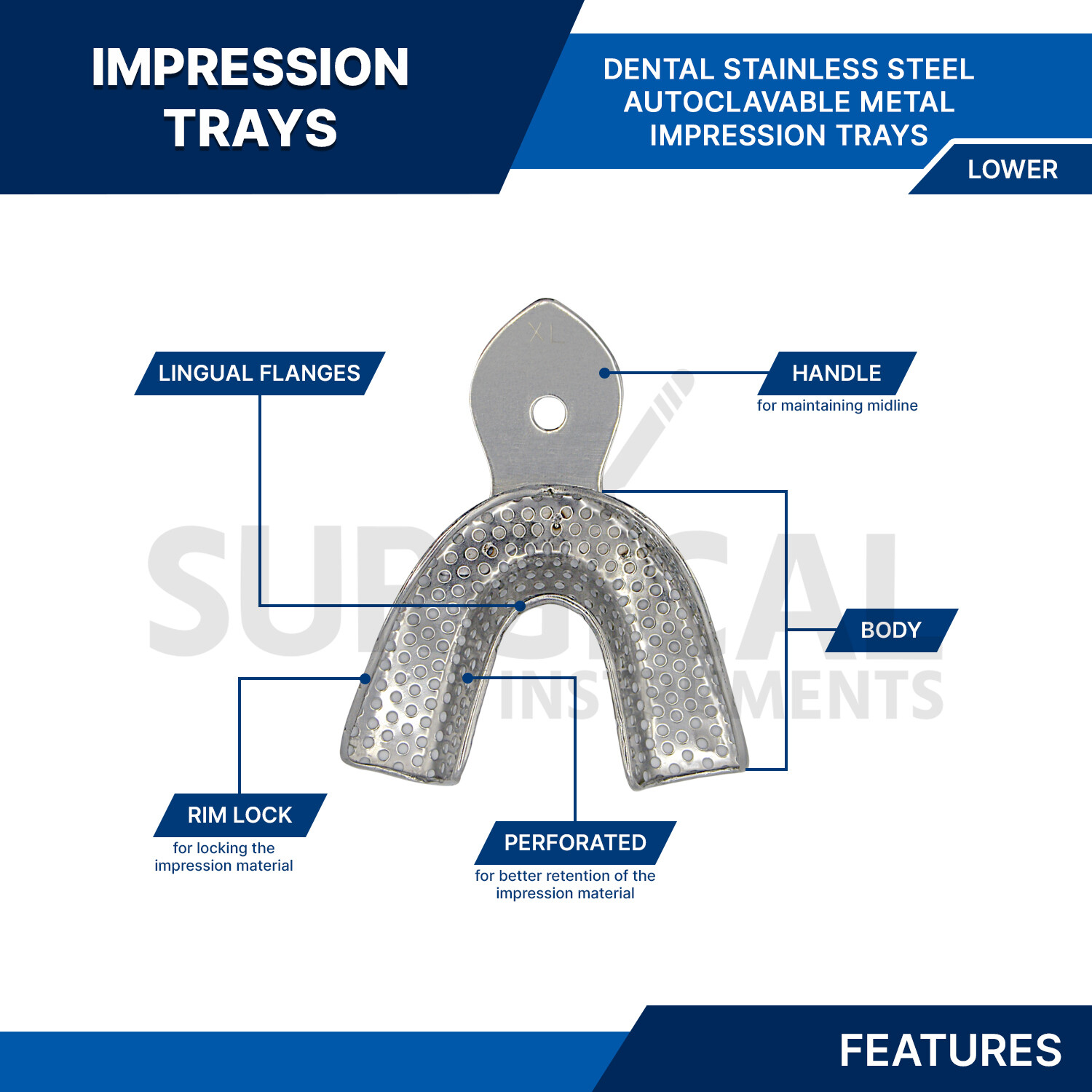 Dental Metal Impression Trays Solid & Perfo Stainless Steel Upper + Lower Choose