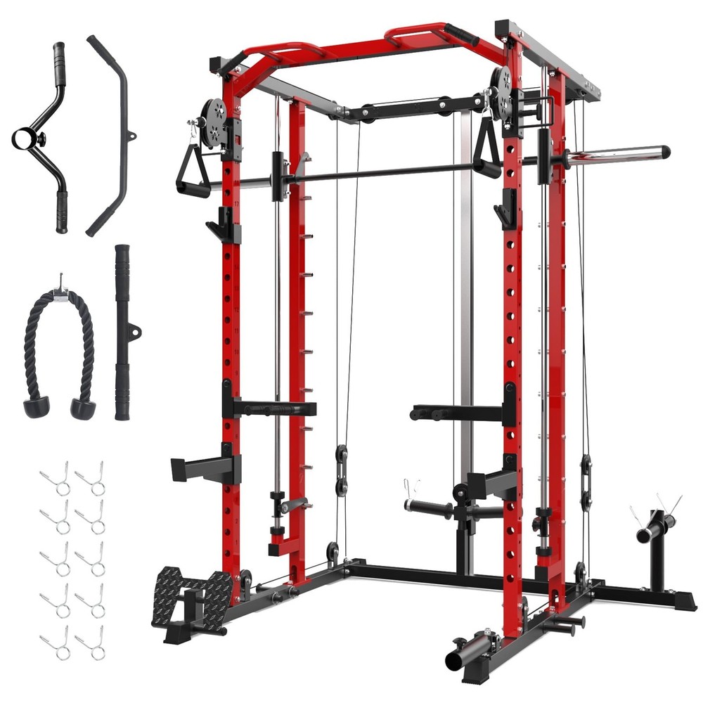 Smith Machine Squat Rack Power Cage w/ Pulley System, LAT Pulldown for Home Gym