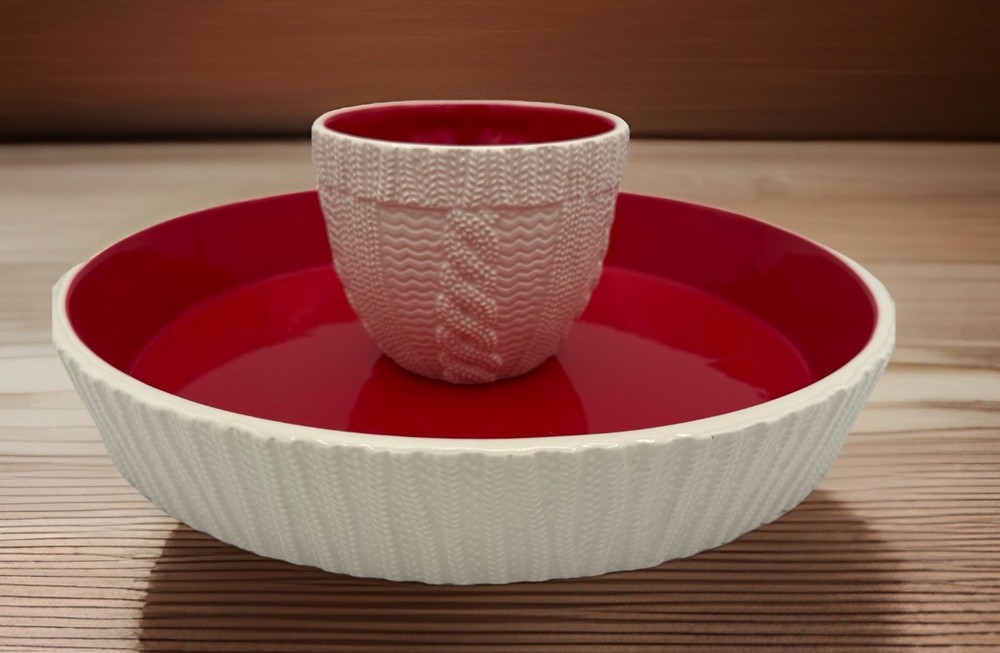 12” Hallmark serving tray w-attached sweater bowl in Center for dip/ Red & White
