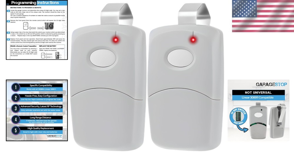 2X for Multicode Linear 308911, 10 dip Switch Gate Opener Remote 300MHz, Mult...