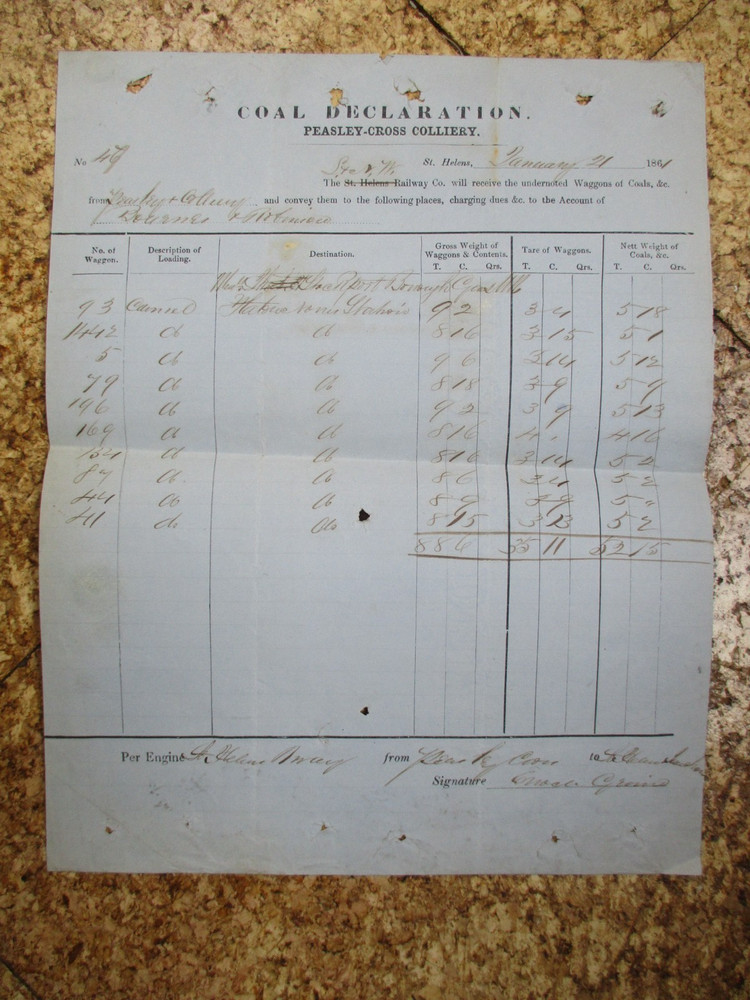 1861 LNR Wagon Despatch Note Peasley Cross  Colliery, St Helens