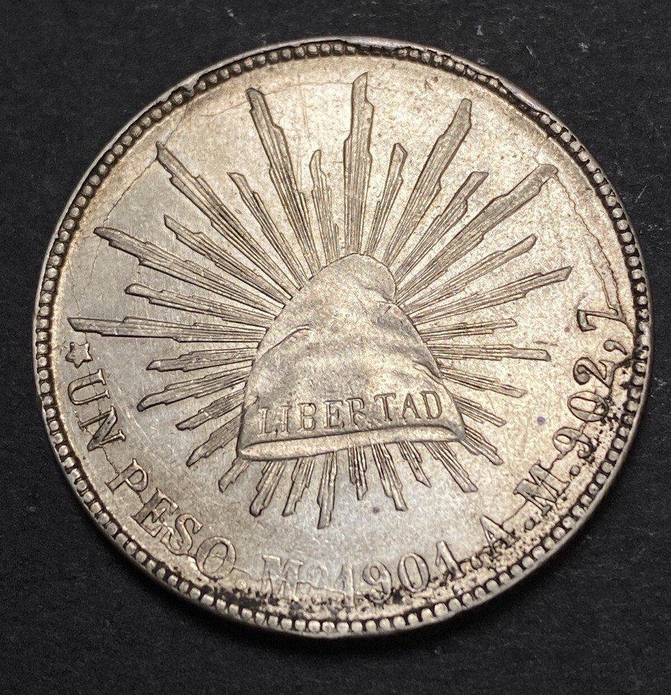 1901 Mexico Silver Peso Obverse & Reverse Lamination Left Extra Leaf Mint Error