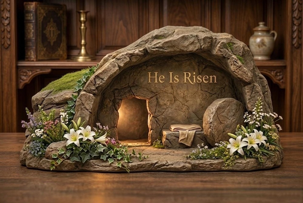 He Is Risen Empty Tomb Resin Figurine – Easter Christian Tabletop Decor
