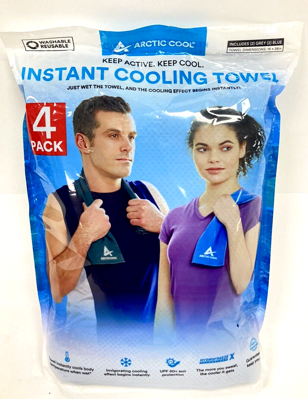4 Pack Arctic Cool Instant Cooling Towels (2) Grey (2) Blue 15”x28” Each UPF 50+