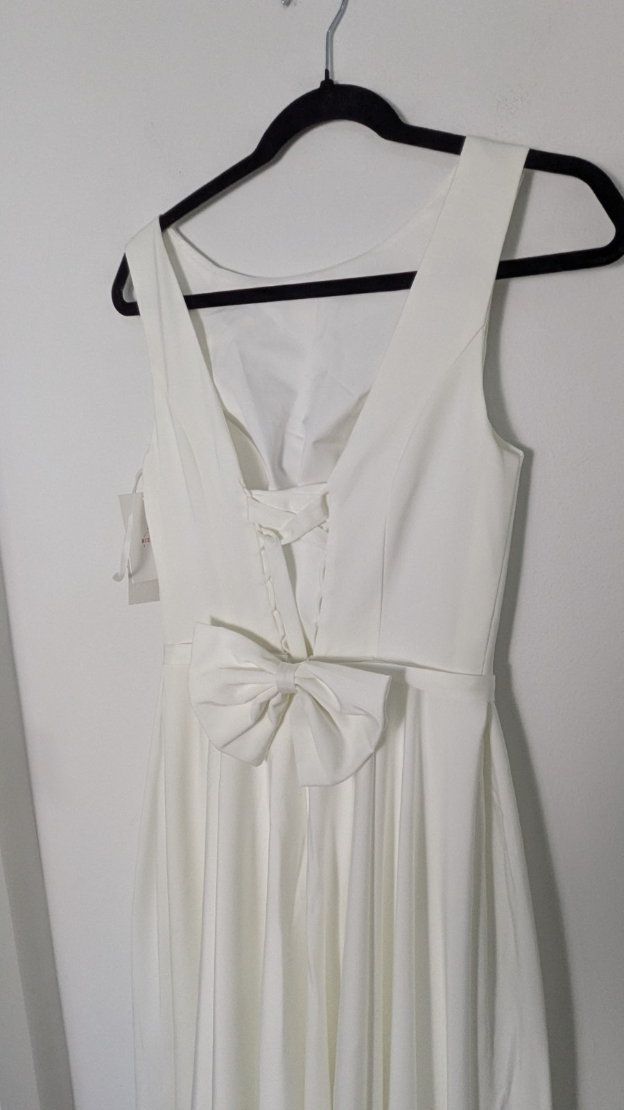 Off White Boatneck Midi Wedding Dress Romantic Lace-Up Back and bow Sz 6 NEW