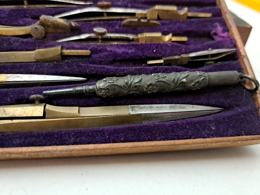 Antique Technical Mathematical Drawing Instruments Set Geometry in Wood Box