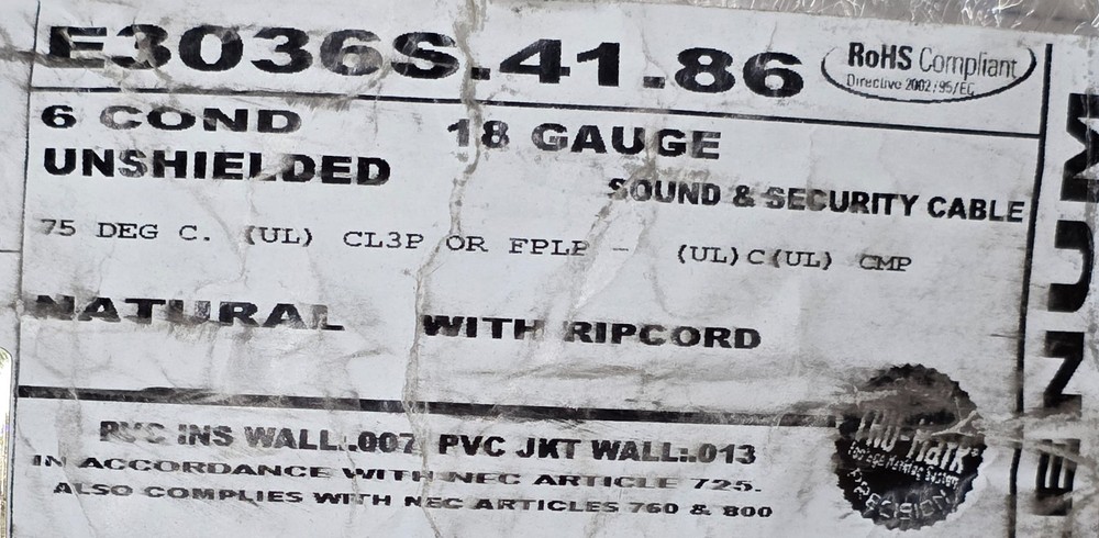 Carol E3036S 18/6C Stranded Control/Communications Cable Plenum CMP White /50ft