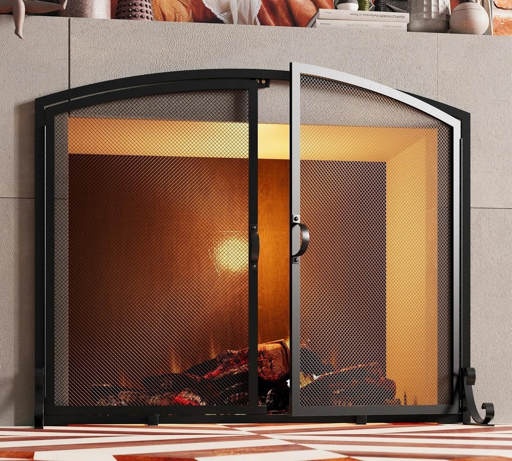 2-Pannel Fireplace Screen W/ Doors Handcrafted Solid Mesh,Stable Adjustable Fit