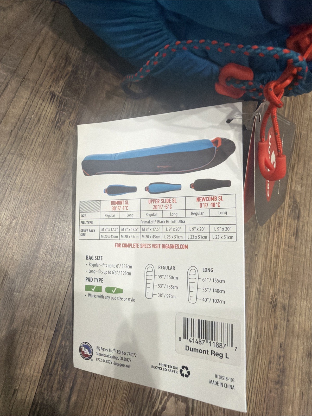 Big Agnes UL Dumont SL 1100 Primaloft Mummy Insulated HI-LOFT ULTRA Sleeping Bag