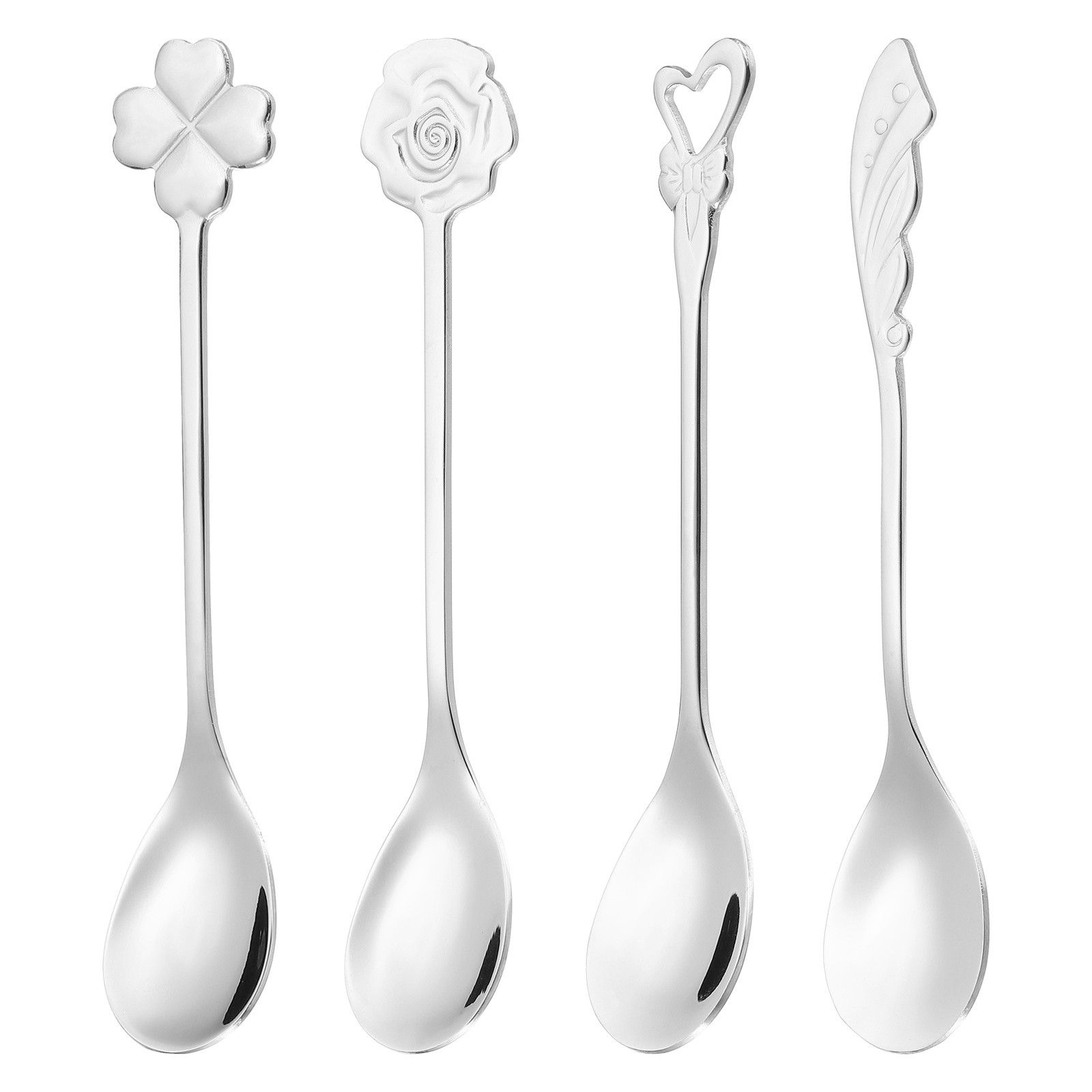 4pcs Coffee Spoons, 4 Shapes Tea Spoons Stainless Steel, Silver
