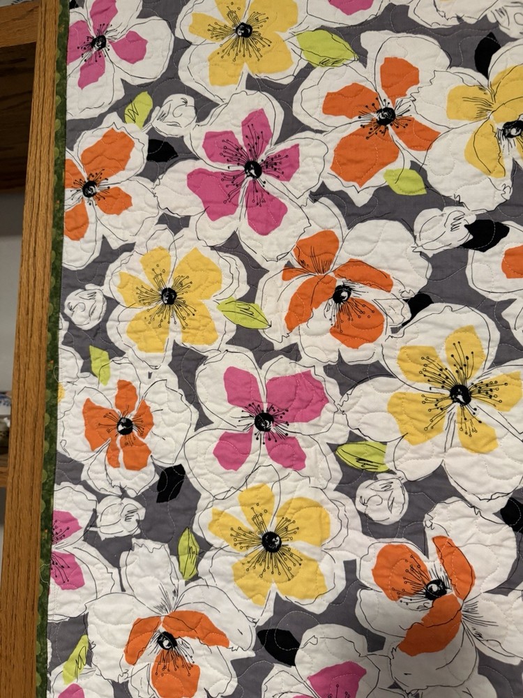 Patchwork Quilt Throw Blanket Handmade Signed Reversible Zigzag Floral 55”x39”