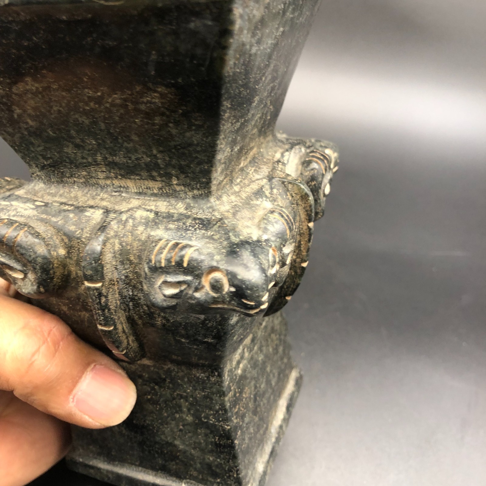 Old HongShan Culture Meteorite Jade Hand-Carved Sheep Head Vessel